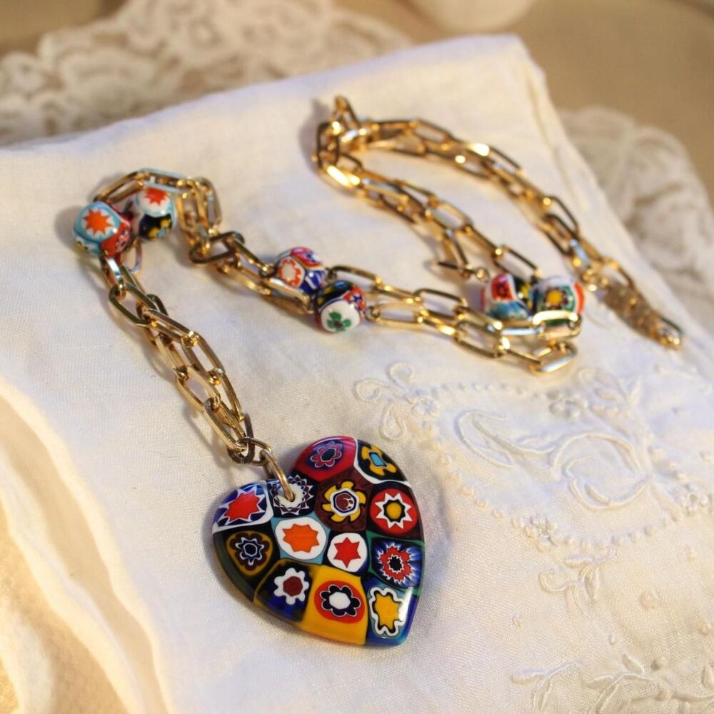Vintage 1970s Murano Millefiori Glass Heart Pendant Necklace